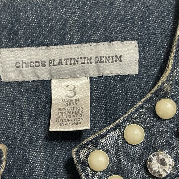 Chicos Platinum Denim Jacket Womens 3 Embellished Open Front Cuff Sleeves Pearls - Picture 7 of 10